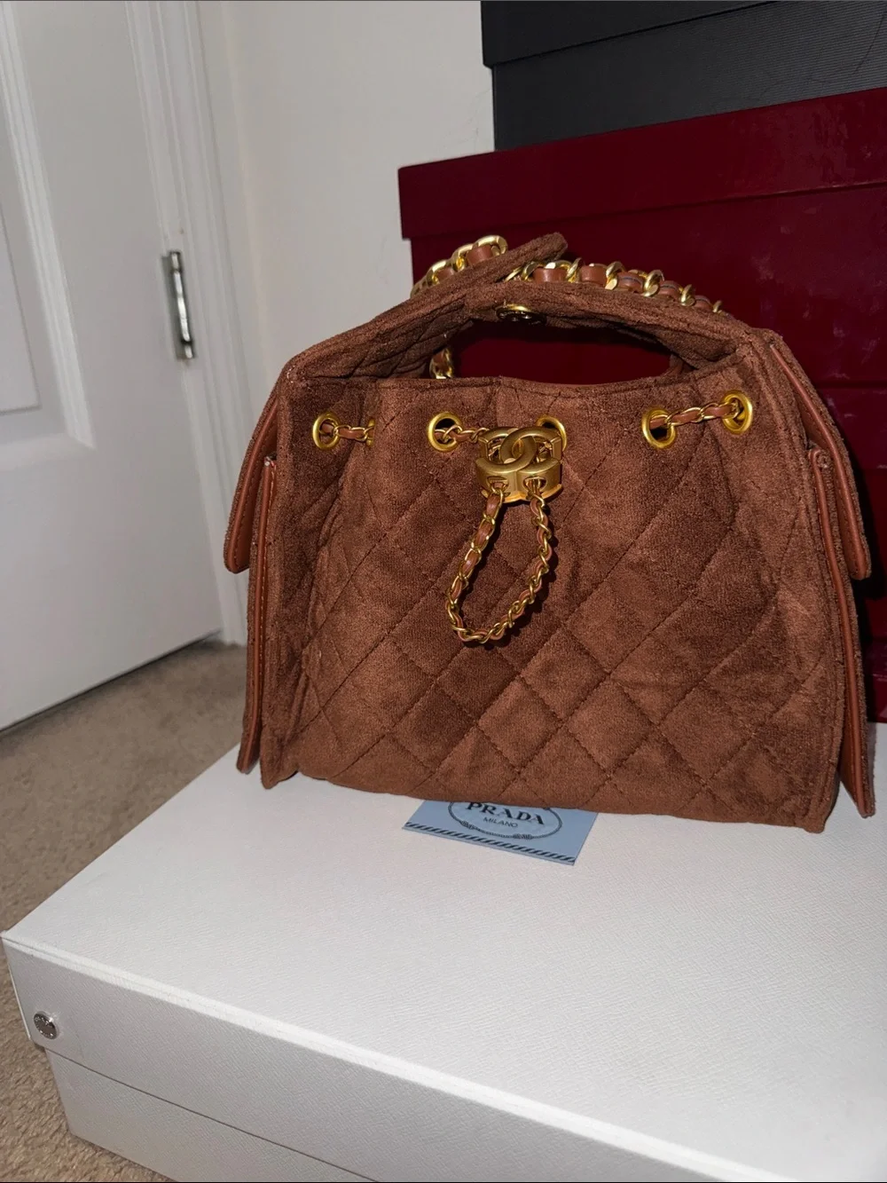 CHANEL Brown Quilted Suede Satchel with Gold Chain Hardware